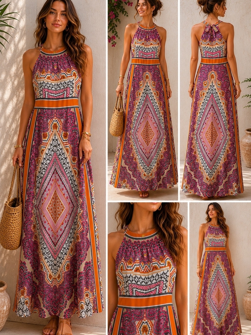 Chicos Scarf Print Maxi Dress Sleeveless Orange Multi Tie Back